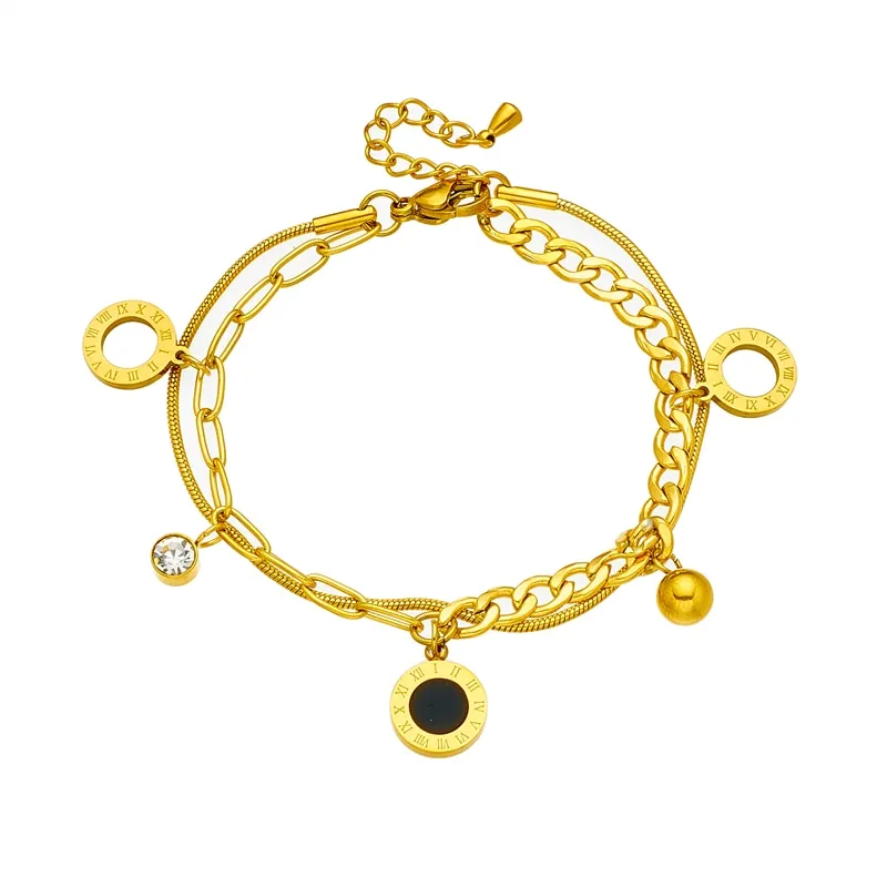 316L Stainless Steel 2-Layer Roman Numeral Dial Charm Bracelet For Women