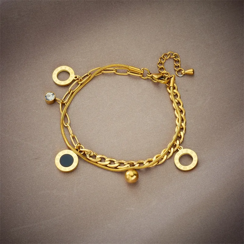 316L Stainless Steel 2-Layer Roman Numeral Dial Charm Bracelet For Women