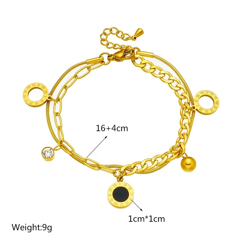 316L Stainless Steel 2-Layer Roman Numeral Dial Charm Bracelet For Women