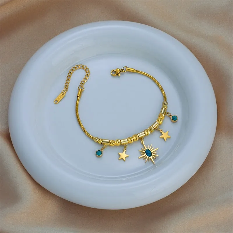 316L Stainless Steel Gold Color Green Stone Sun Star Charm Bracelet For Women