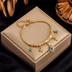 316L Stainless Steel Gold Color Green Stone Sun Star Charm Bracelet For Women