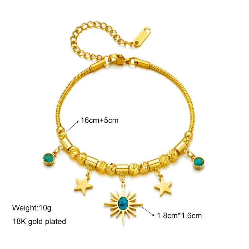 316L Stainless Steel Gold Color Green Stone Sun Star Charm Bracelet For Women