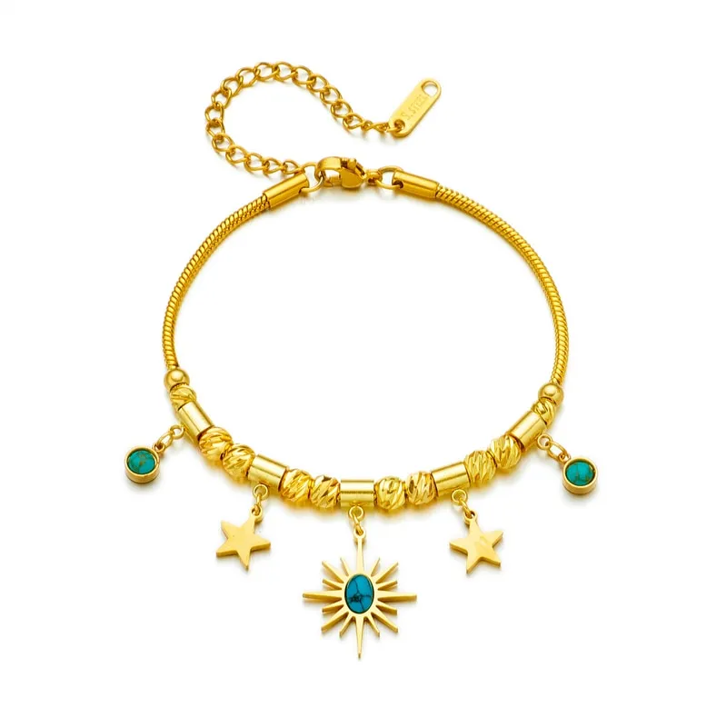 316L Stainless Steel Gold Color Green Stone Sun Star Charm Bracelet For Women