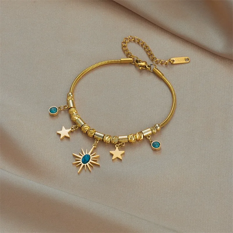 316L Stainless Steel Gold Color Green Stone Sun Star Charm Bracelet For Women