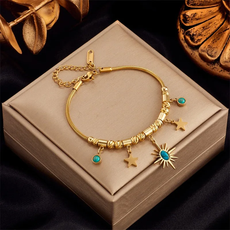 316L Stainless Steel Gold Color Green Stone Sun Star Charm Bracelet For Women