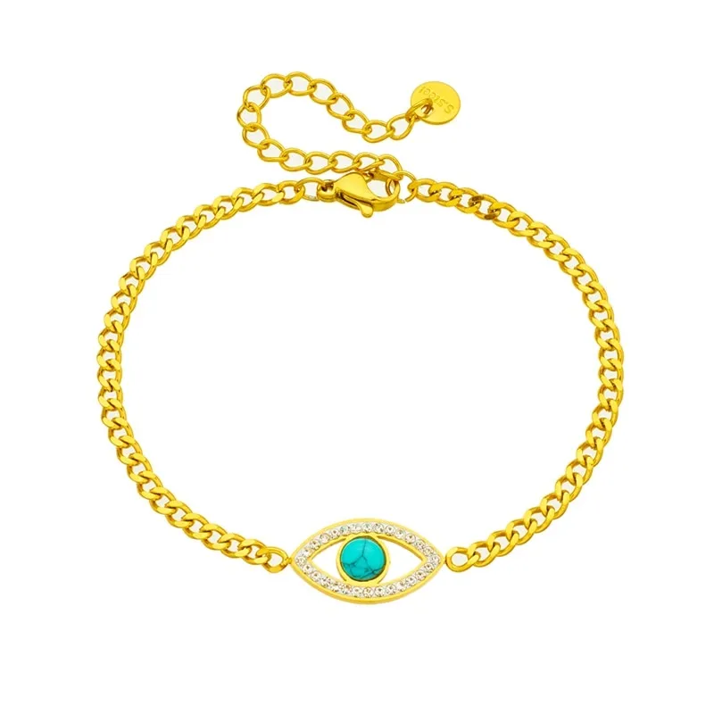 316L Stainless Steel Green Stone Eye Charm Bracelet For Women