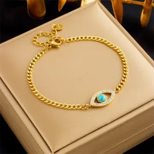 316L Stainless Steel Green Stone Eye Charm Bracelet For Women