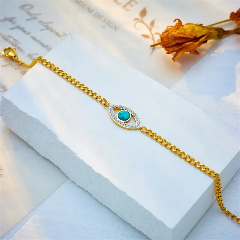 316L Stainless Steel Green Stone Eye Charm Bracelet For Women