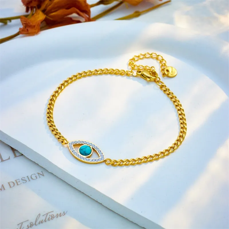 316L Stainless Steel Green Stone Eye Charm Bracelet For Women