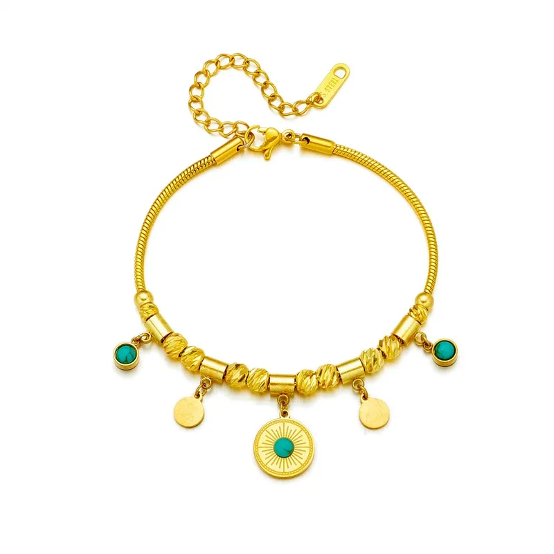 316L Stainless Steel Round Green Stone Charm Bracelet For Women