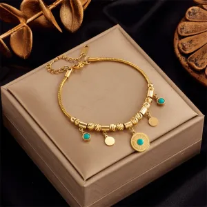 316L Stainless Steel Round Green Stone Charm Bracelet For Women