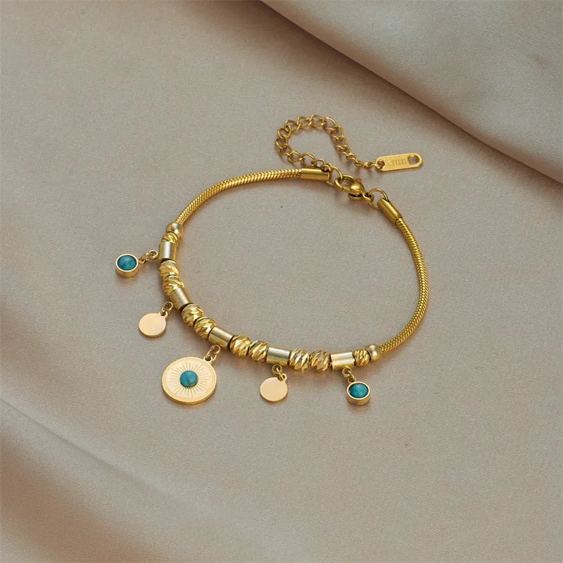 316L Stainless Steel Round Green Stone Charm Bracelet For Women