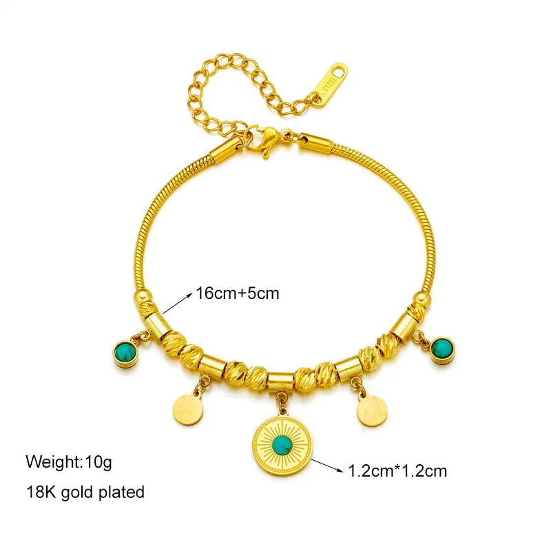 316L Stainless Steel Round Green Stone Charm Bracelet For Women