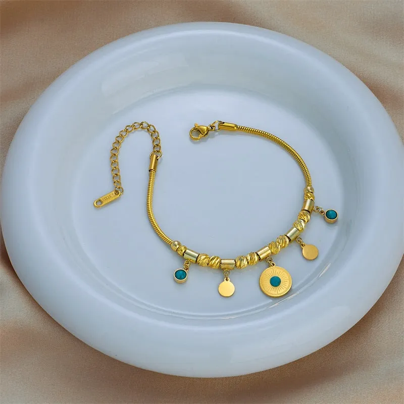 316L Stainless Steel Round Green Stone Charm Bracelet For Women