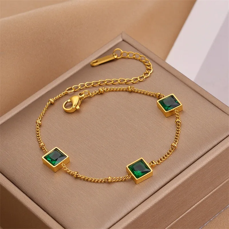 316L Stainless Steel Square Crystal Charms Bracelet For Women