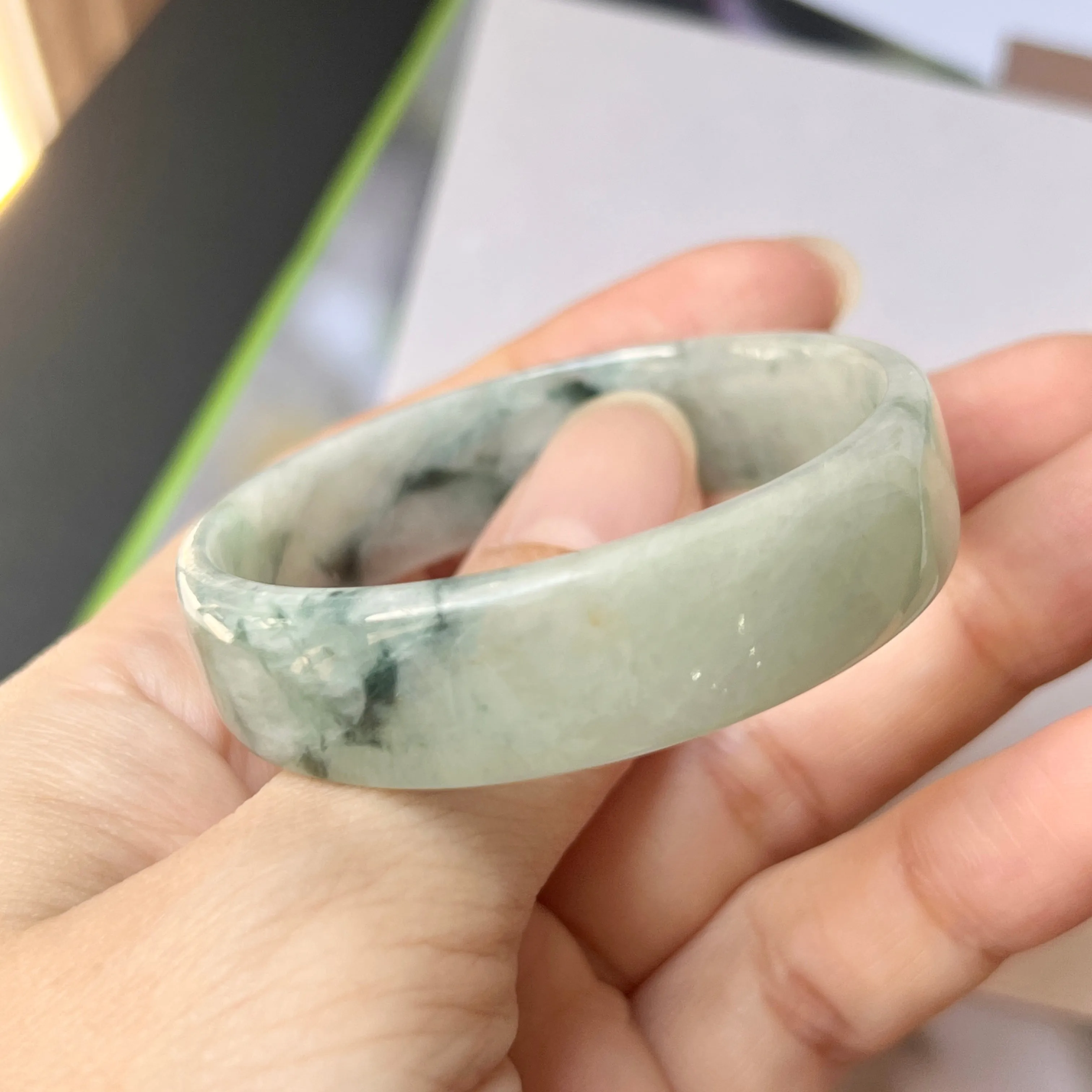 45.7mm A-Grade Natural Floral Jadeite Modern Round Bangle No.152022