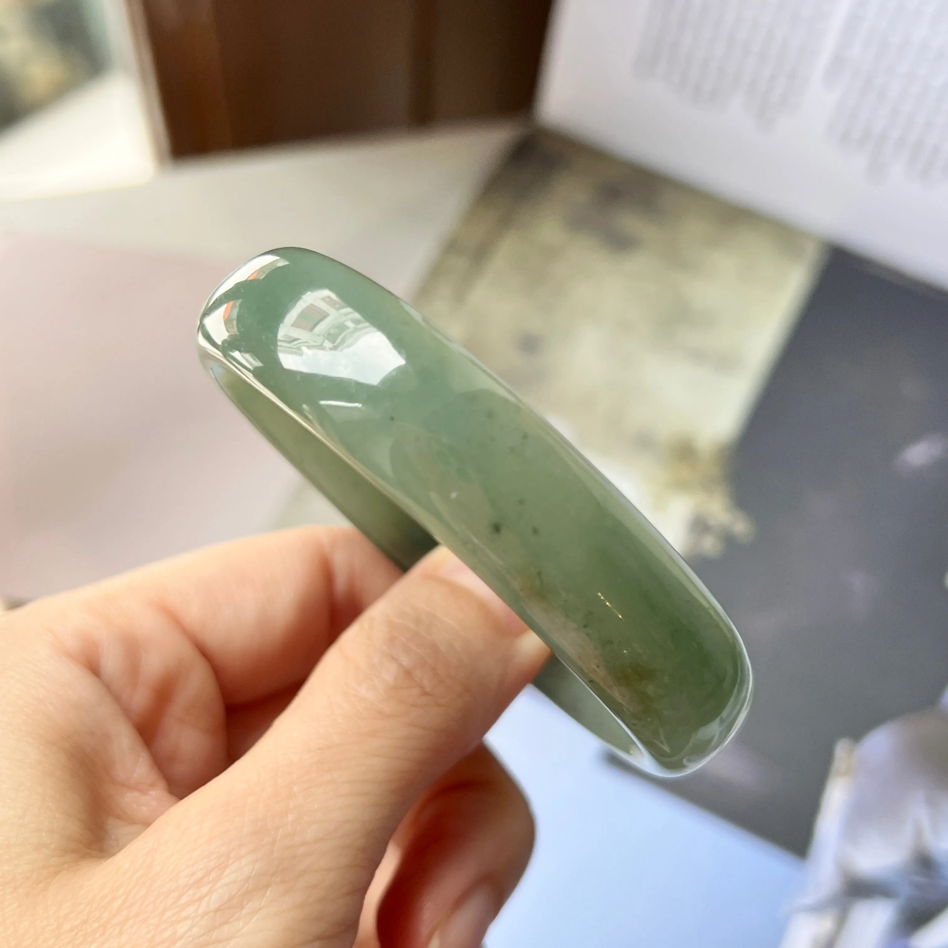 55.4mm A-Grade Natural Bluish Green Jadeite Modern Oval Bangle No.151993