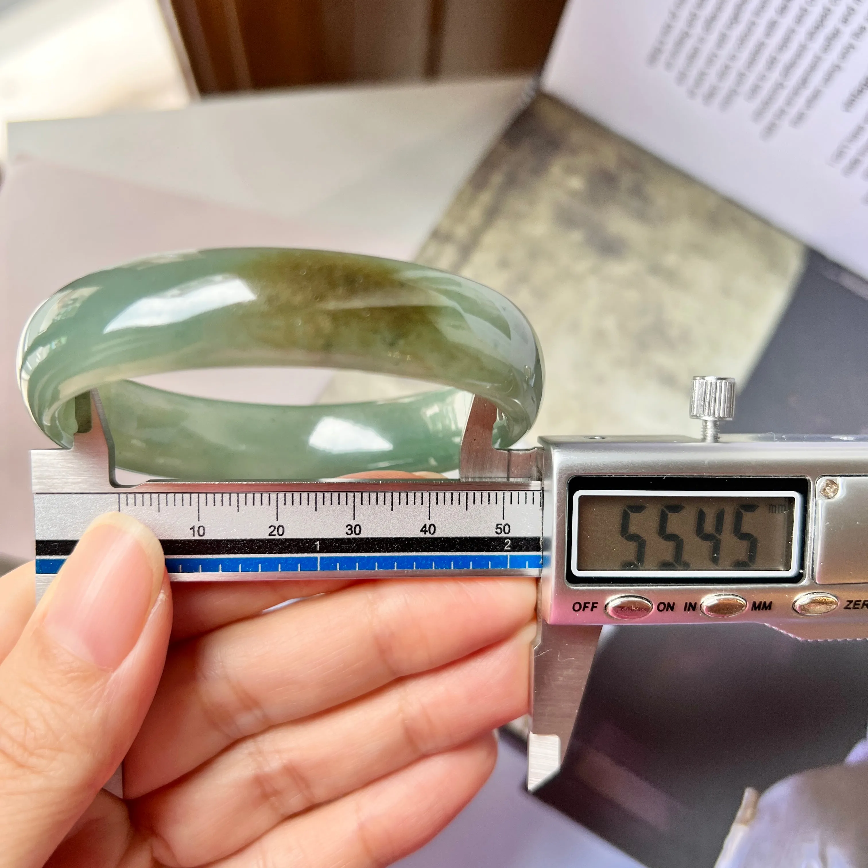 55.4mm A-Grade Natural Bluish Green Jadeite Modern Oval Bangle No.151993