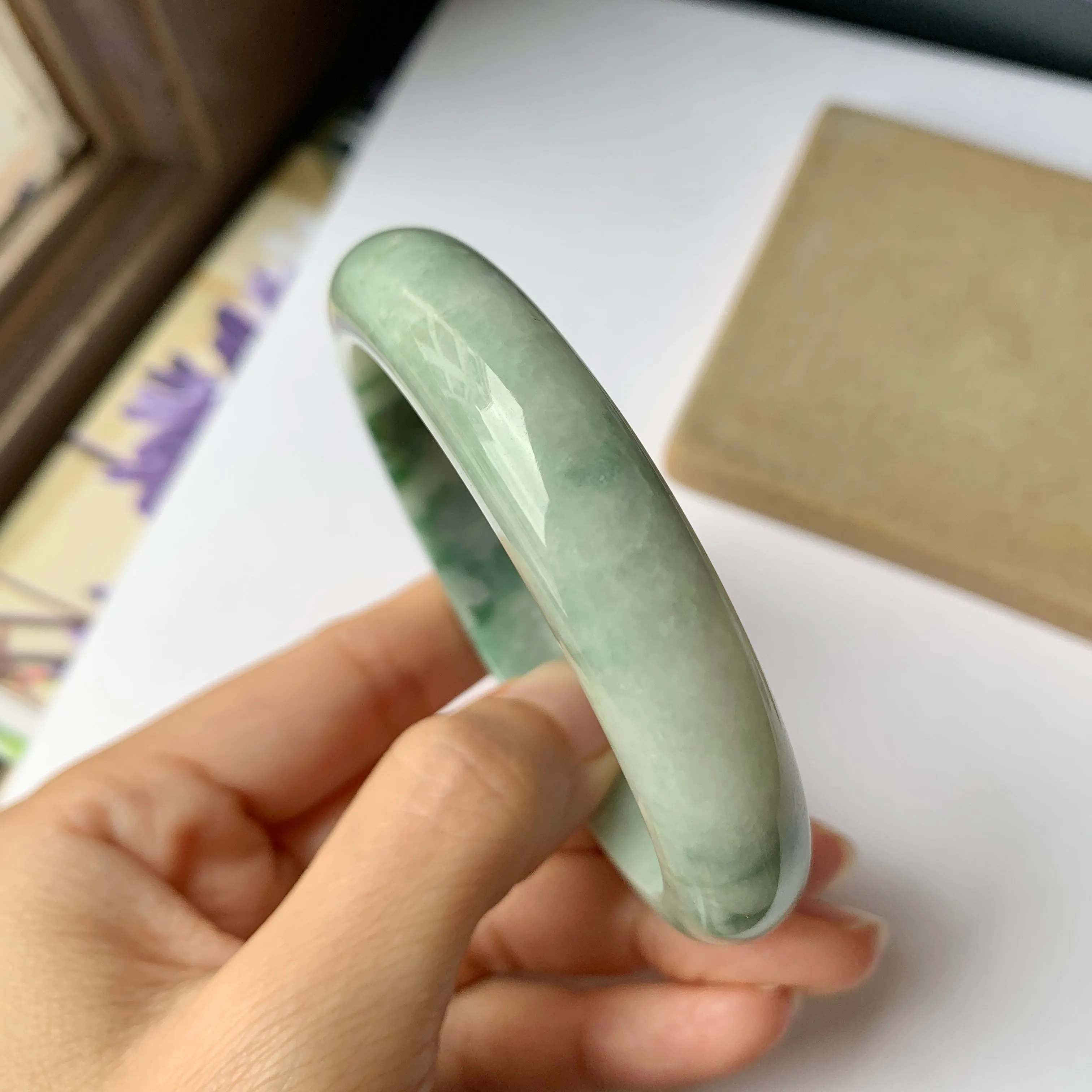 57.1mm A-Grade Natural Moss On Snow Floral Jadeite Modern Round Bangle No.151943