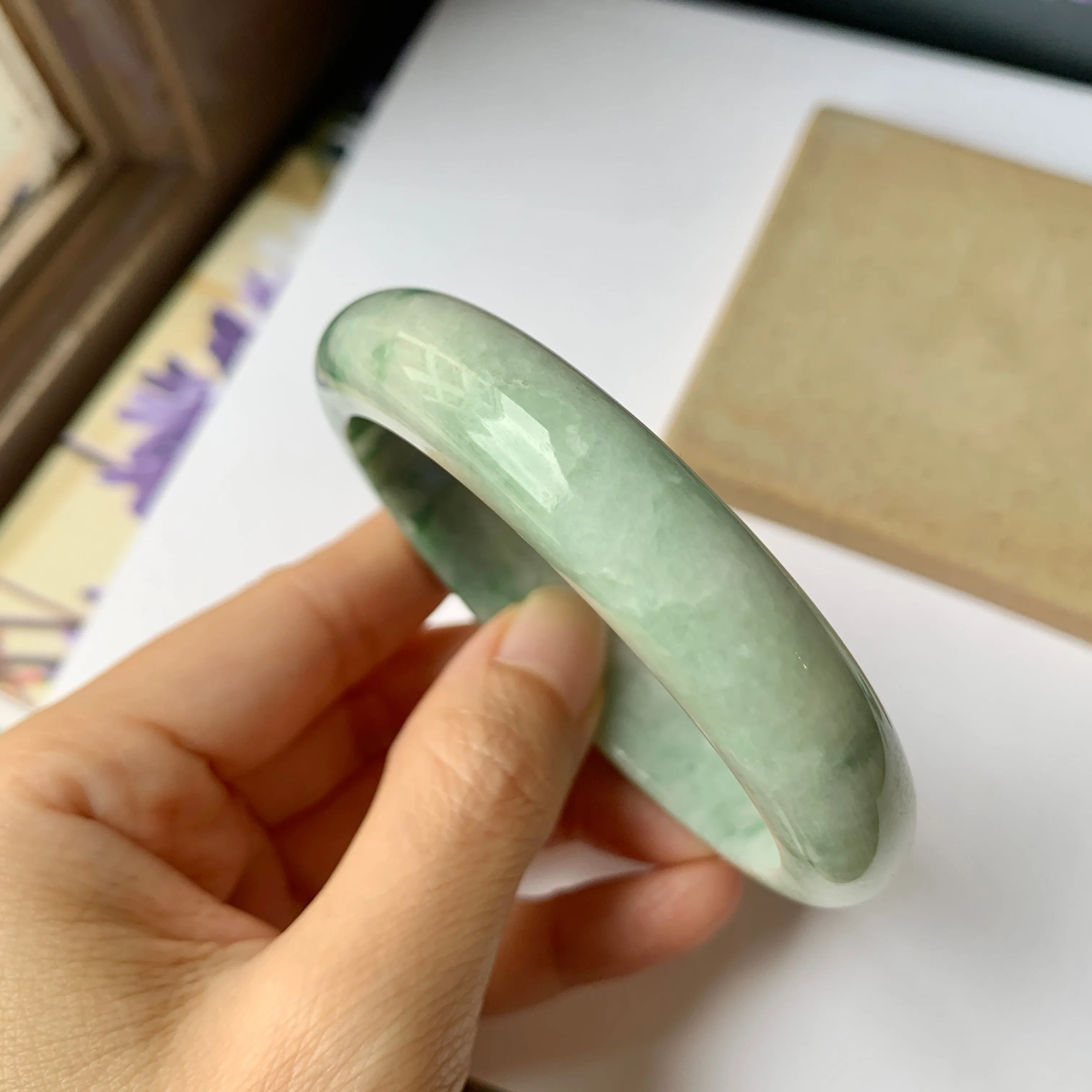 57.1mm A-Grade Natural Moss On Snow Floral Jadeite Modern Round Bangle No.151943