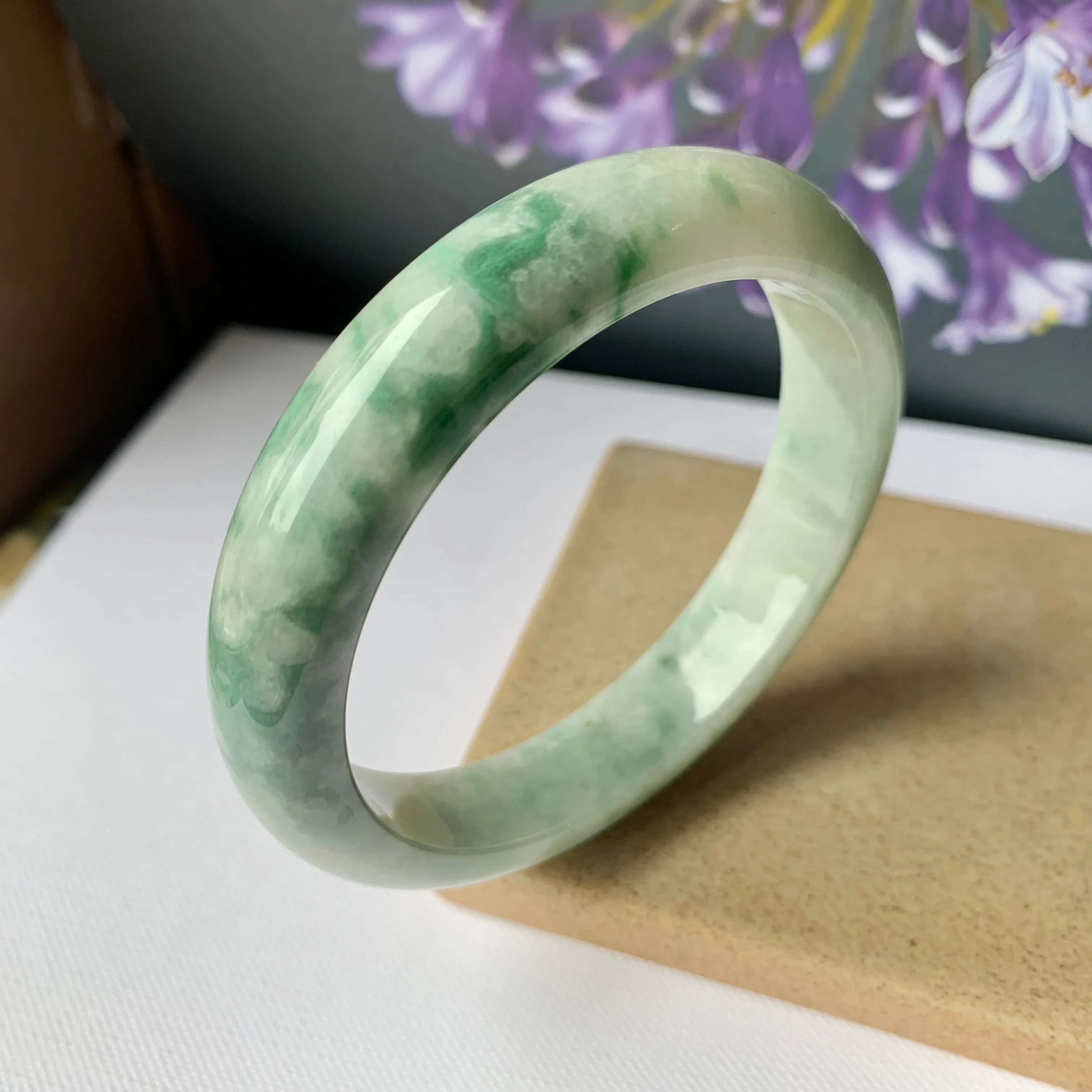 57.1mm A-Grade Natural Moss On Snow Floral Jadeite Modern Round Bangle No.151943