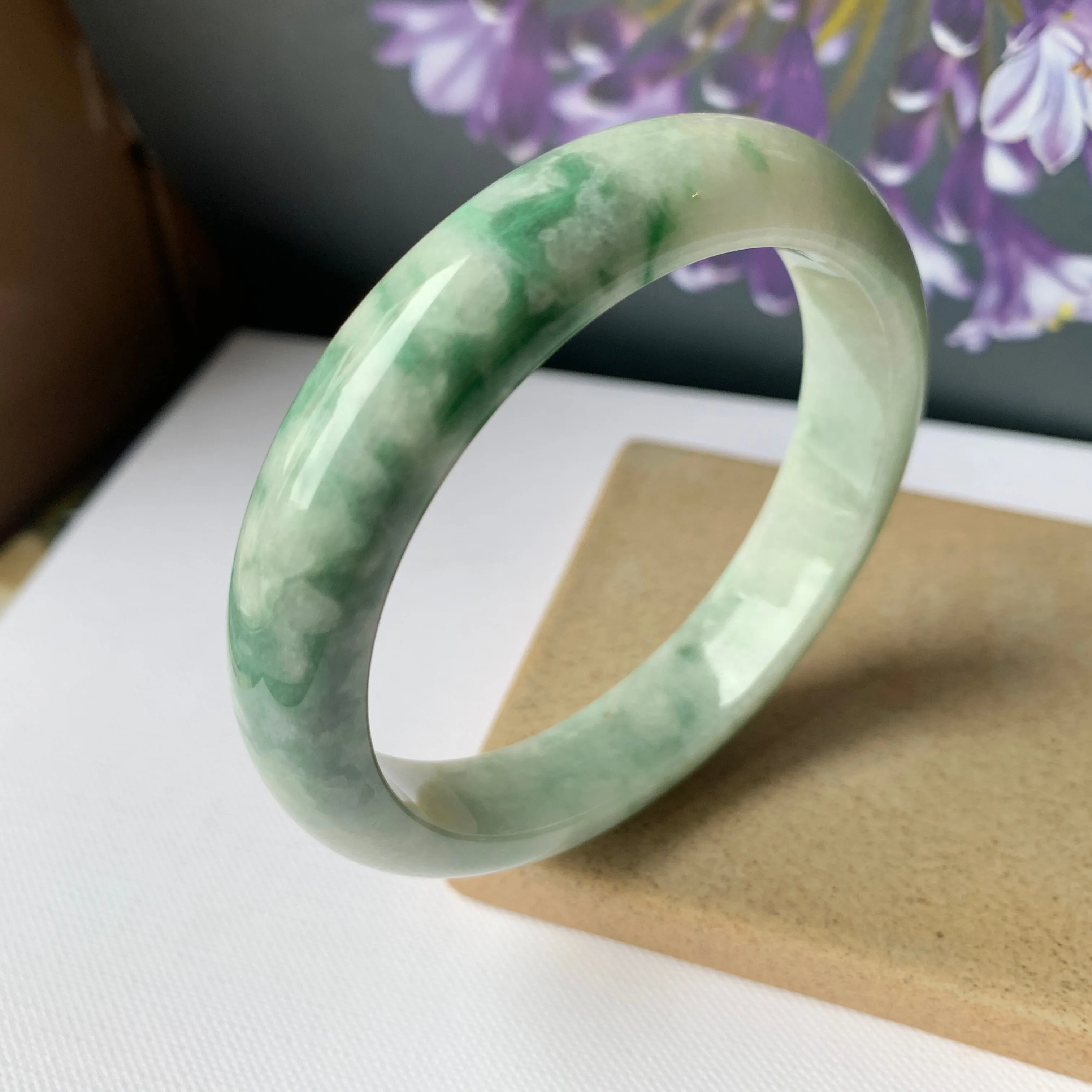57.1mm A-Grade Natural Moss On Snow Floral Jadeite Modern Round Bangle No.151943