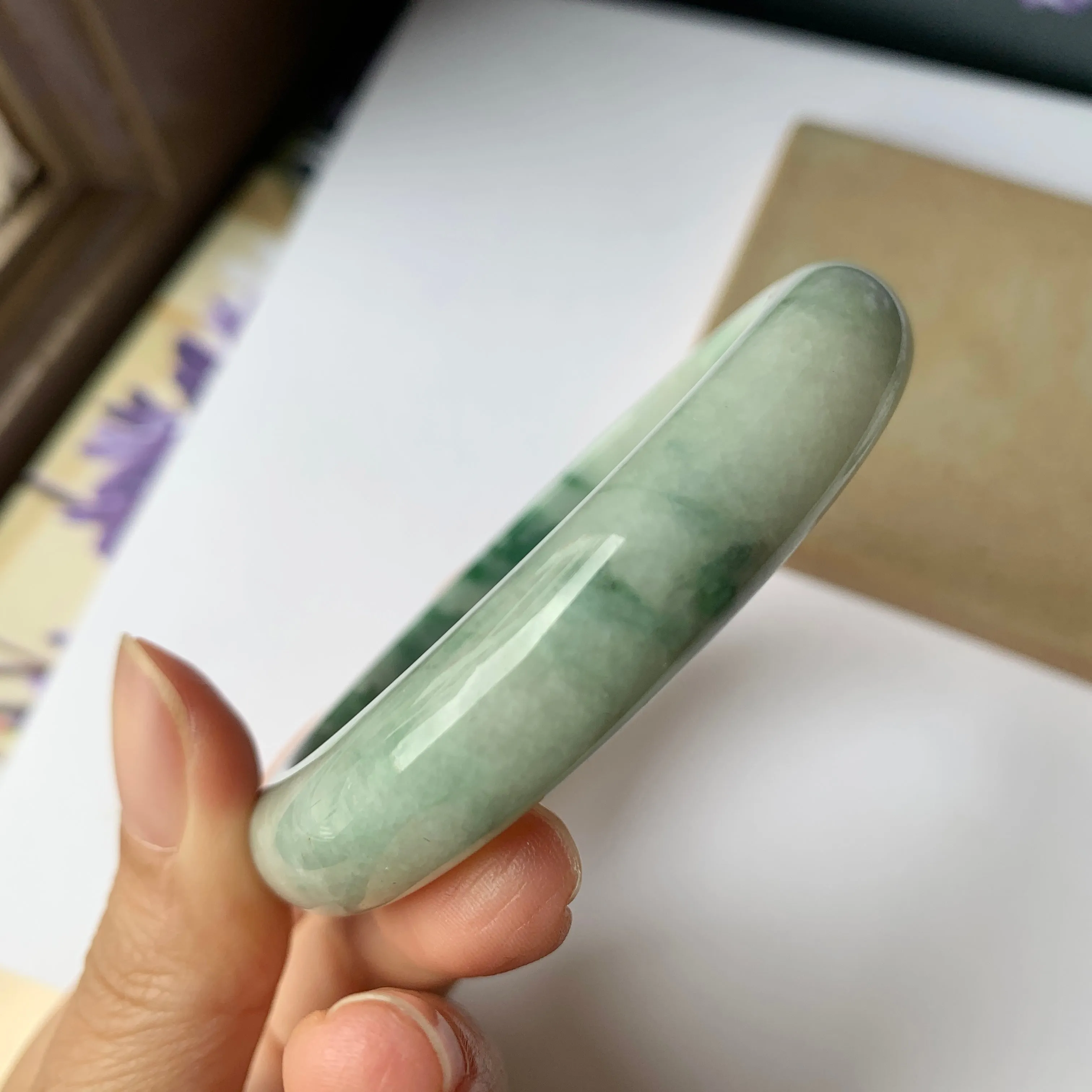 57.1mm A-Grade Natural Moss On Snow Floral Jadeite Modern Round Bangle No.151943