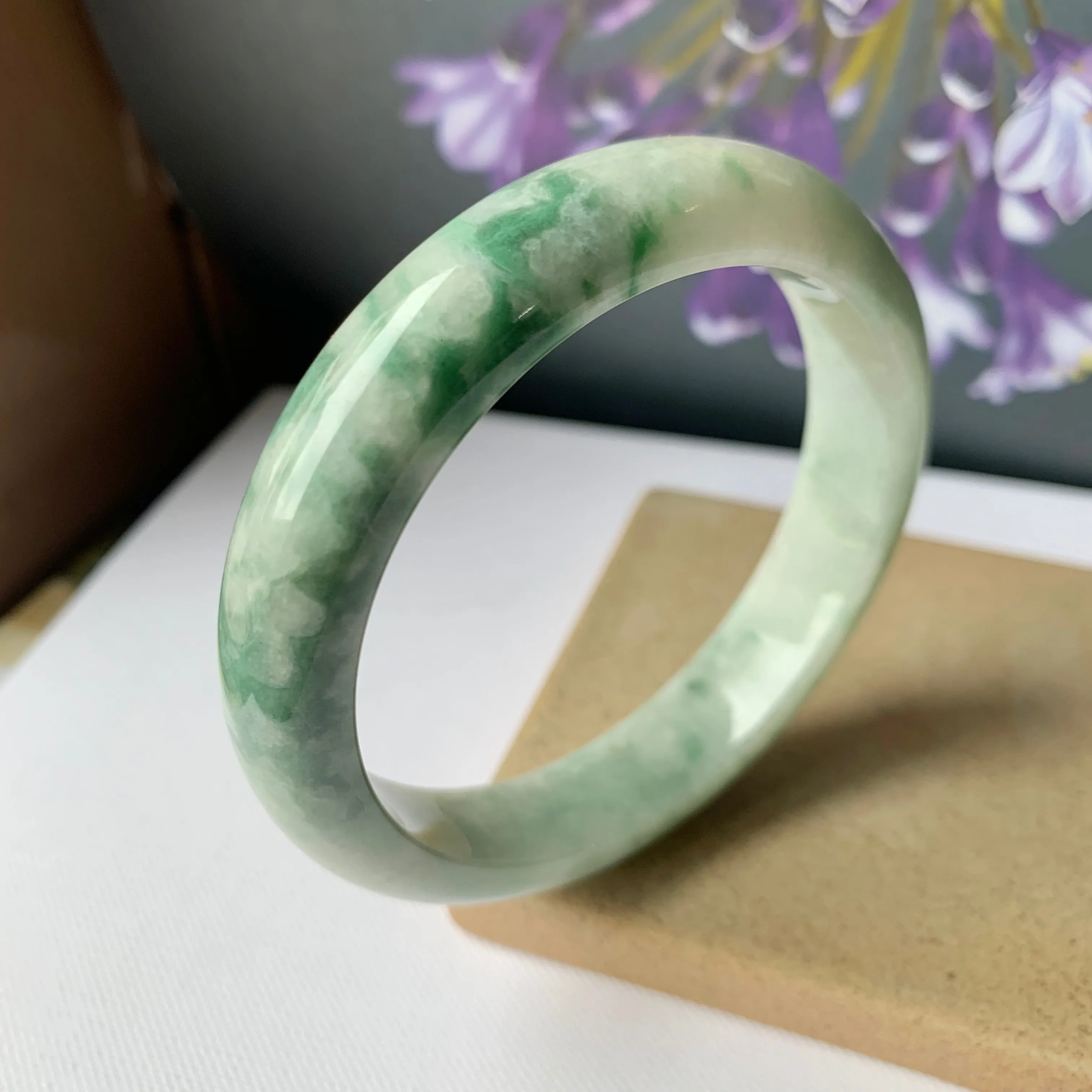 57.1mm A-Grade Natural Moss On Snow Floral Jadeite Modern Round Bangle No.151943
