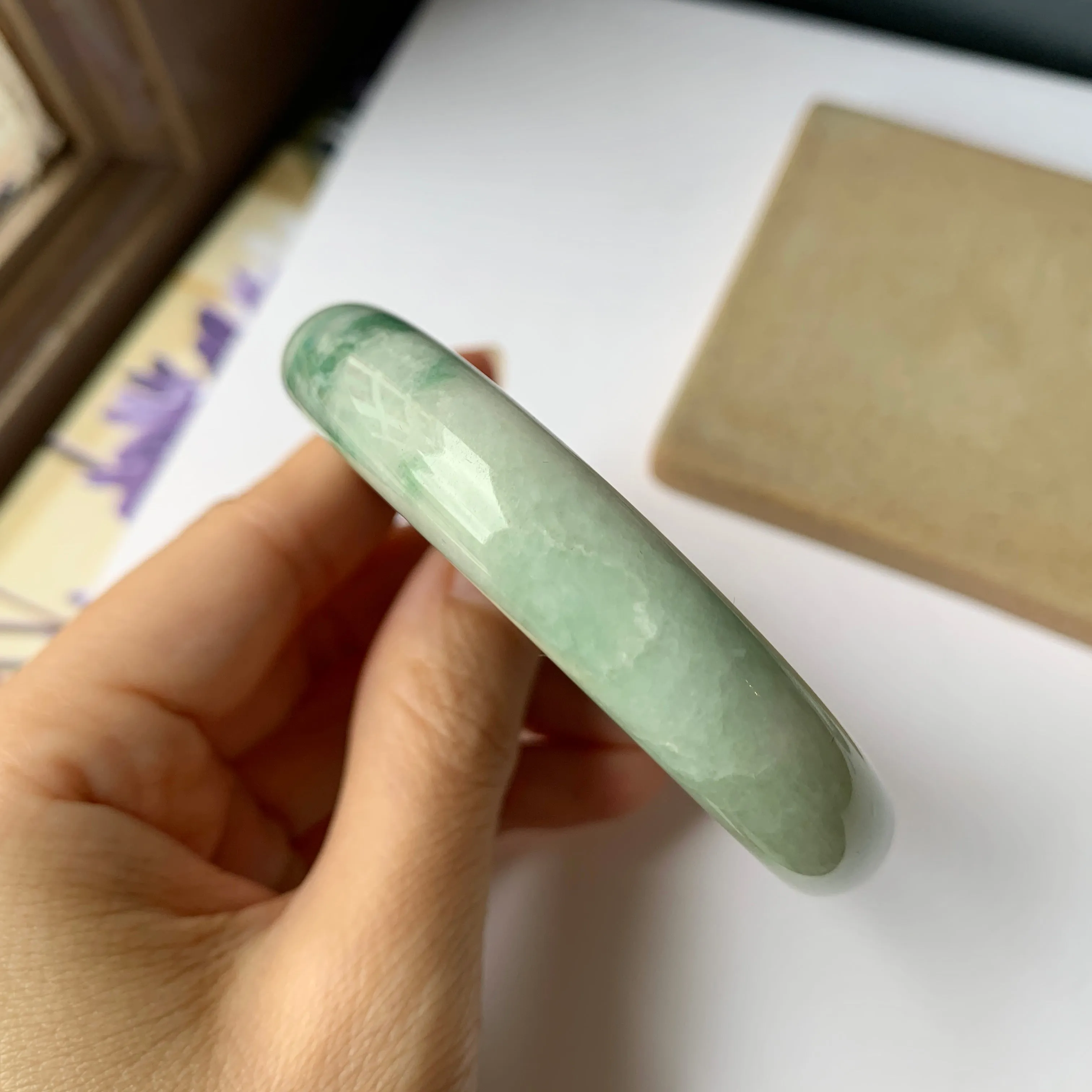 57.1mm A-Grade Natural Moss On Snow Floral Jadeite Modern Round Bangle No.151943