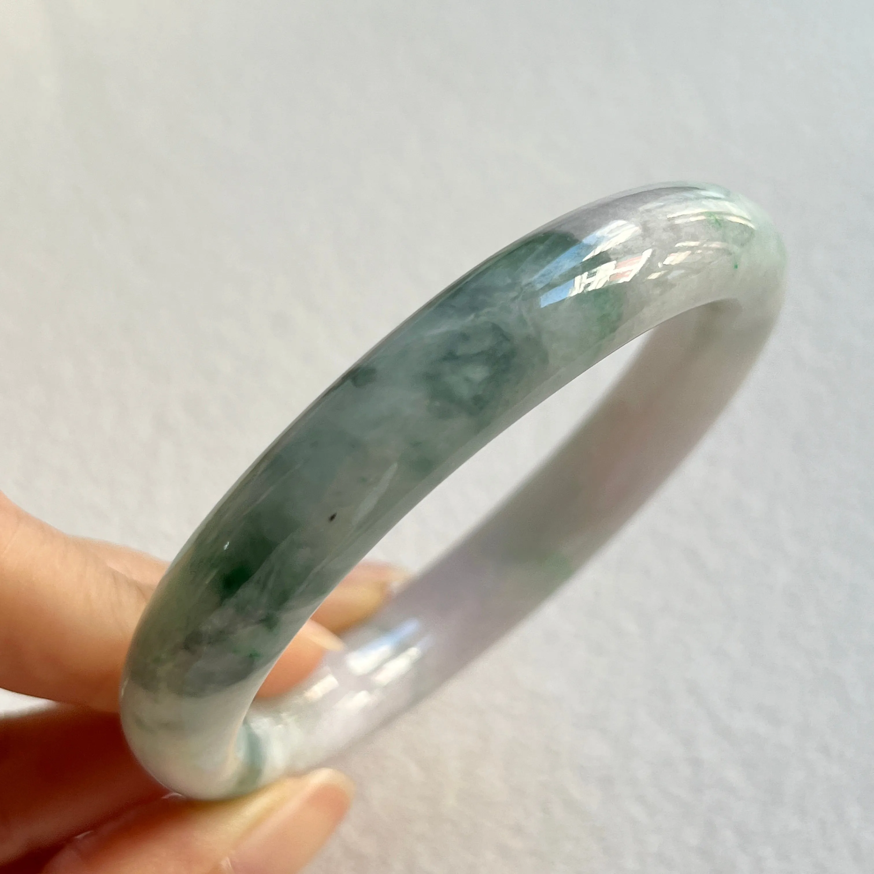 57.5mm A-Grade Natural Lavender Green Floral Jadeite Modern Round Bangle No. 600156