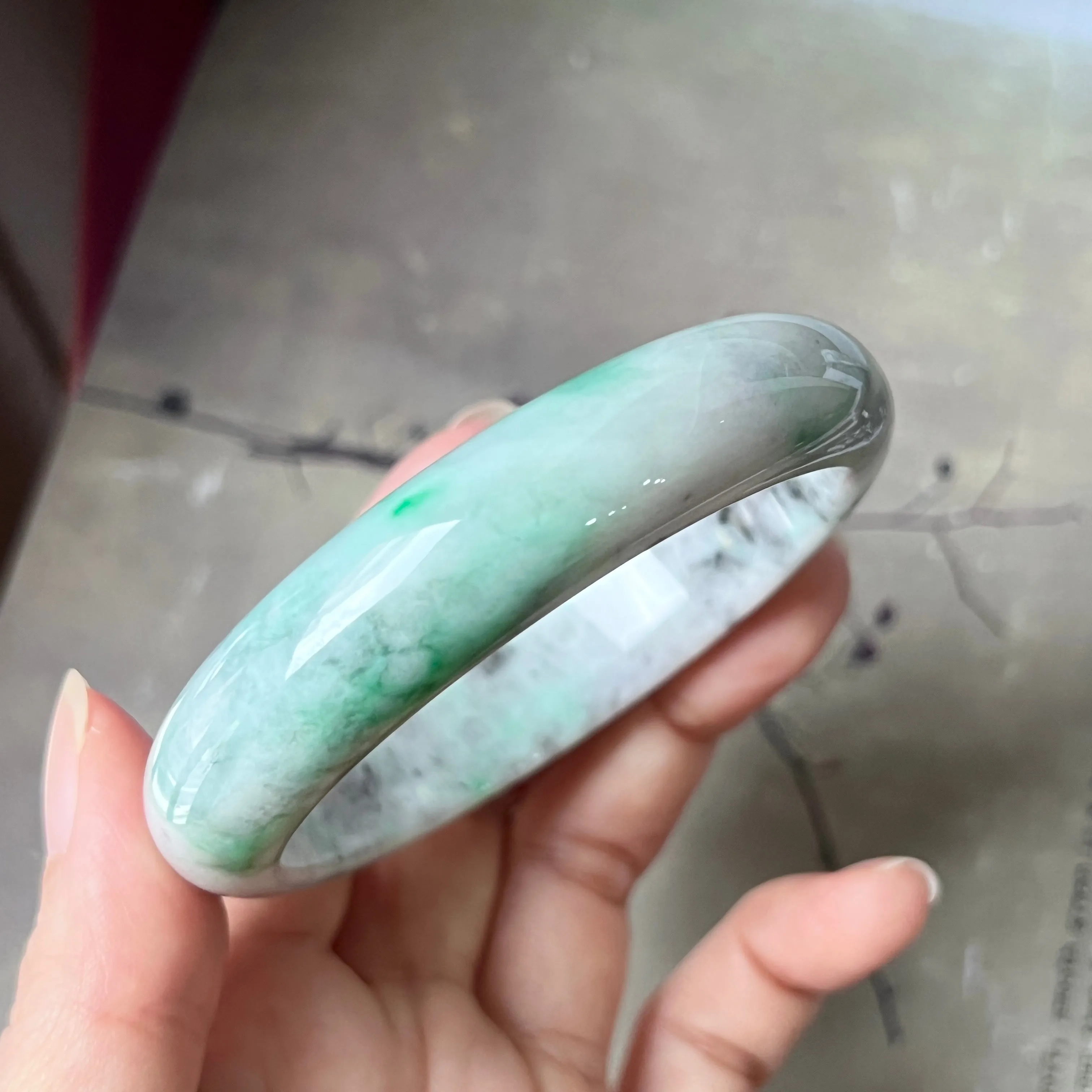 58mm A-Grade Natural Grey Green Jadeite Modern Round Bangle No.151627