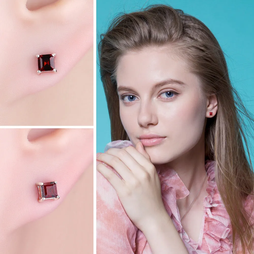 925 Sterling Silver Natural Red Garnet Stud Earrings