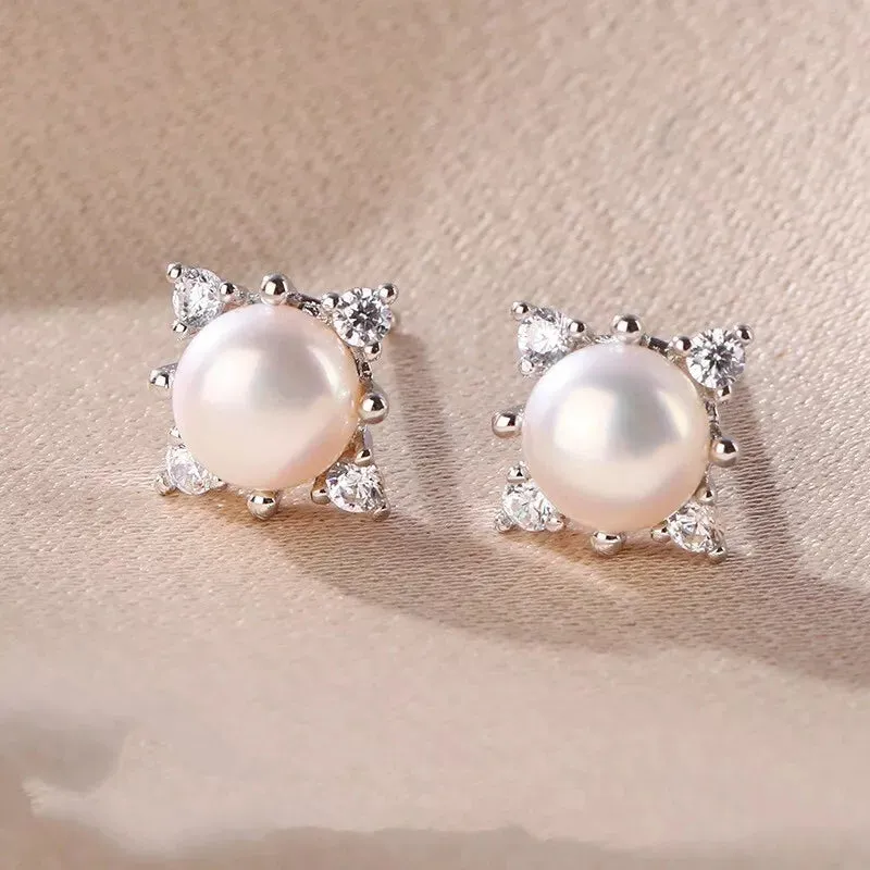 925 Sterling Silver Square Pearl Stud Earrings