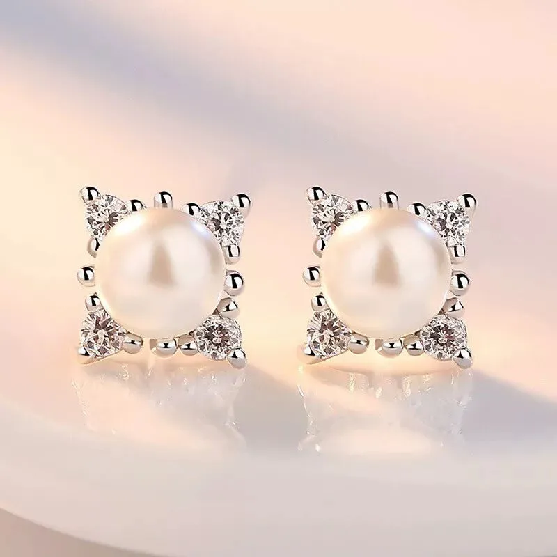 925 Sterling Silver Square Pearl Stud Earrings