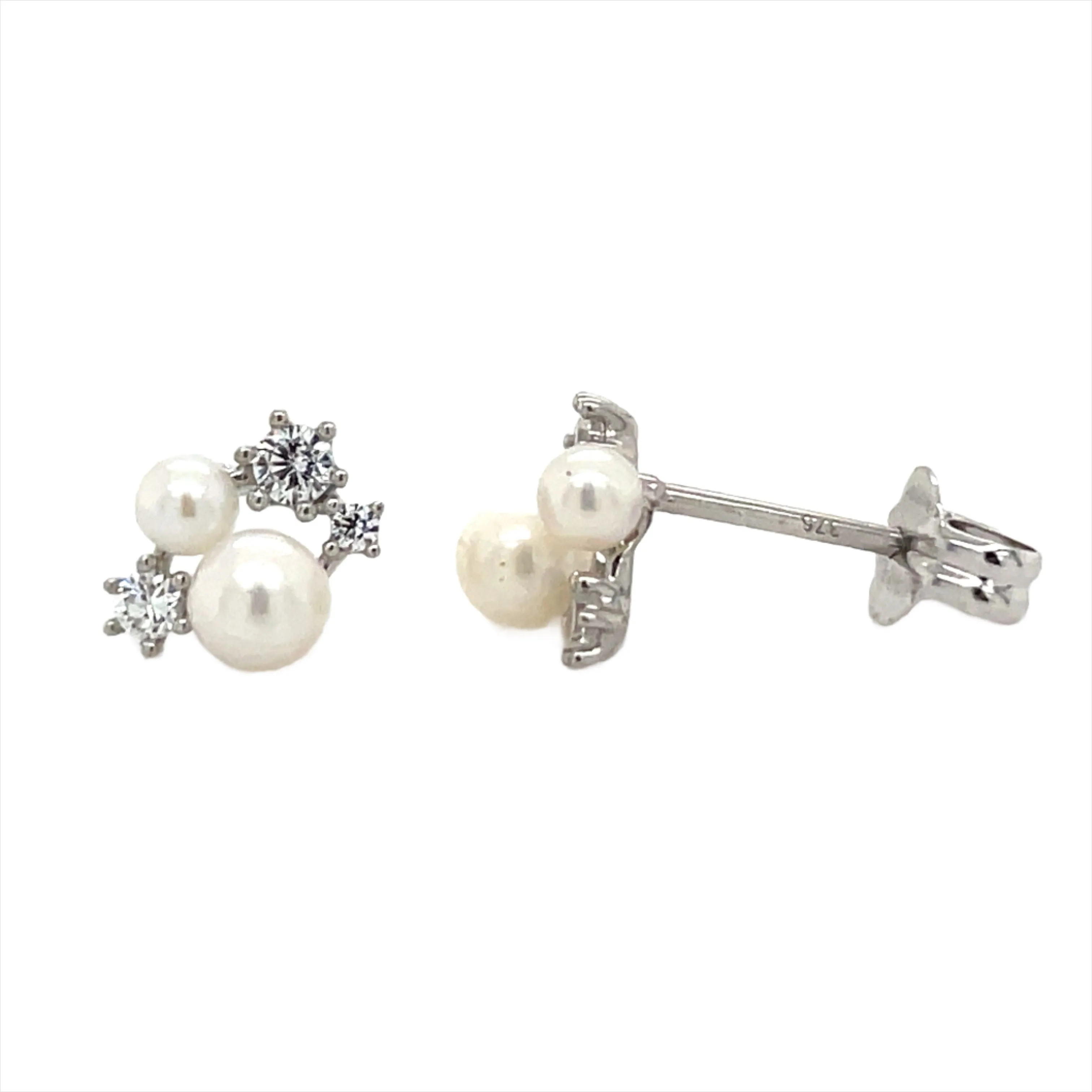 9ct White Gold Multi Cz & Pearl Stud Earrings