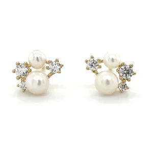 9ct Yellow Gold Multi Cz & Pearl Stud Earrings