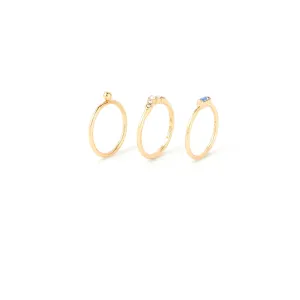 Accessorize London Women's set of 3 Gold & Blue Baguette Ring -Large