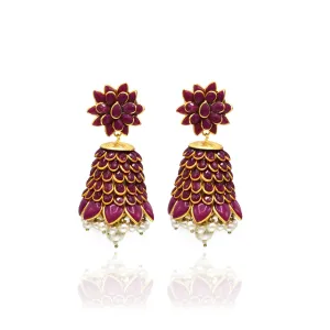 Alia Flower Jhumka Earrings - Red