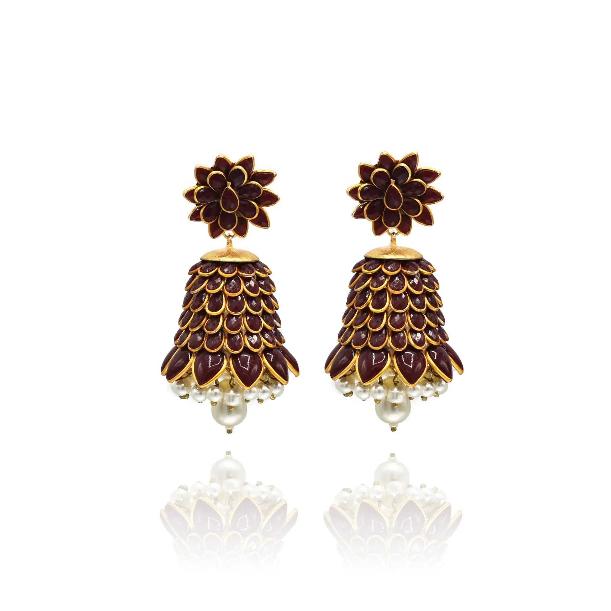 Alia Flower Jhumka Earrings - Red