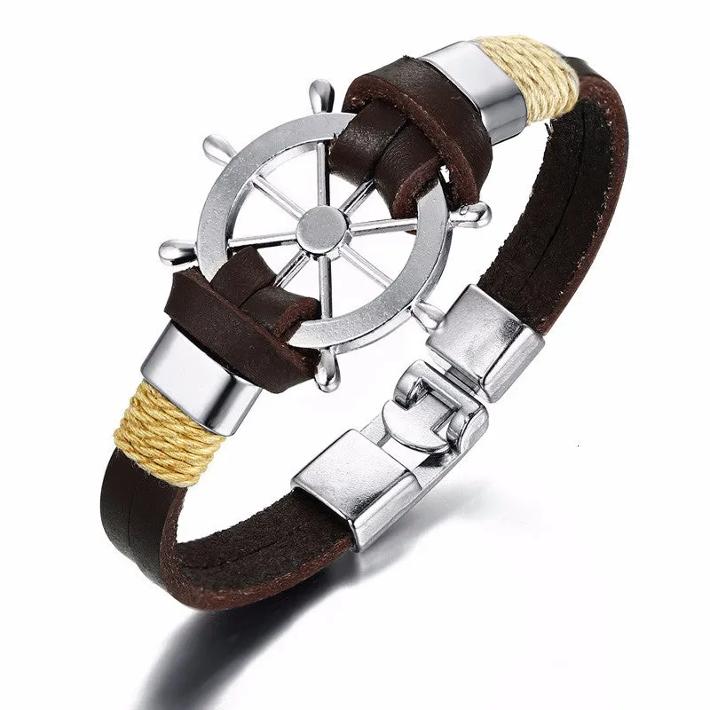 Alloy Ship Helmsman Rope Black Brown Men's Trendy Bracelet