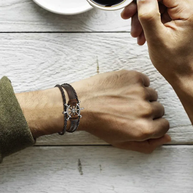 Alloy Ship Helmsman Rope Black Brown Men's Trendy Bracelet