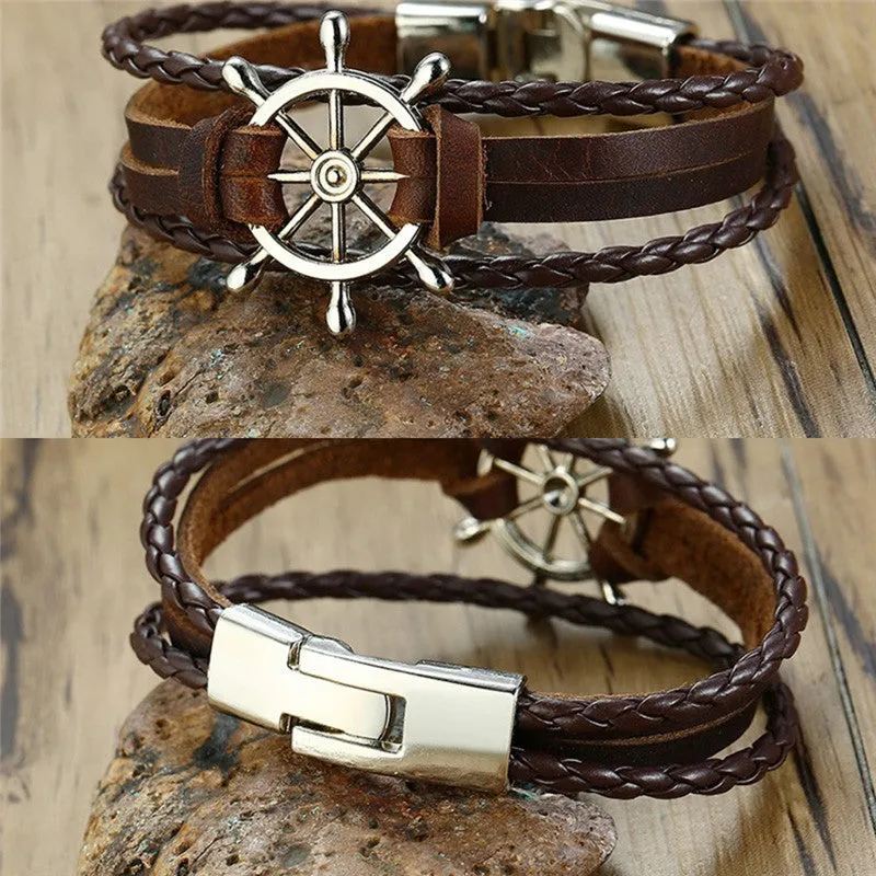 Alloy Ship Helmsman Rope Black Brown Men's Trendy Bracelet