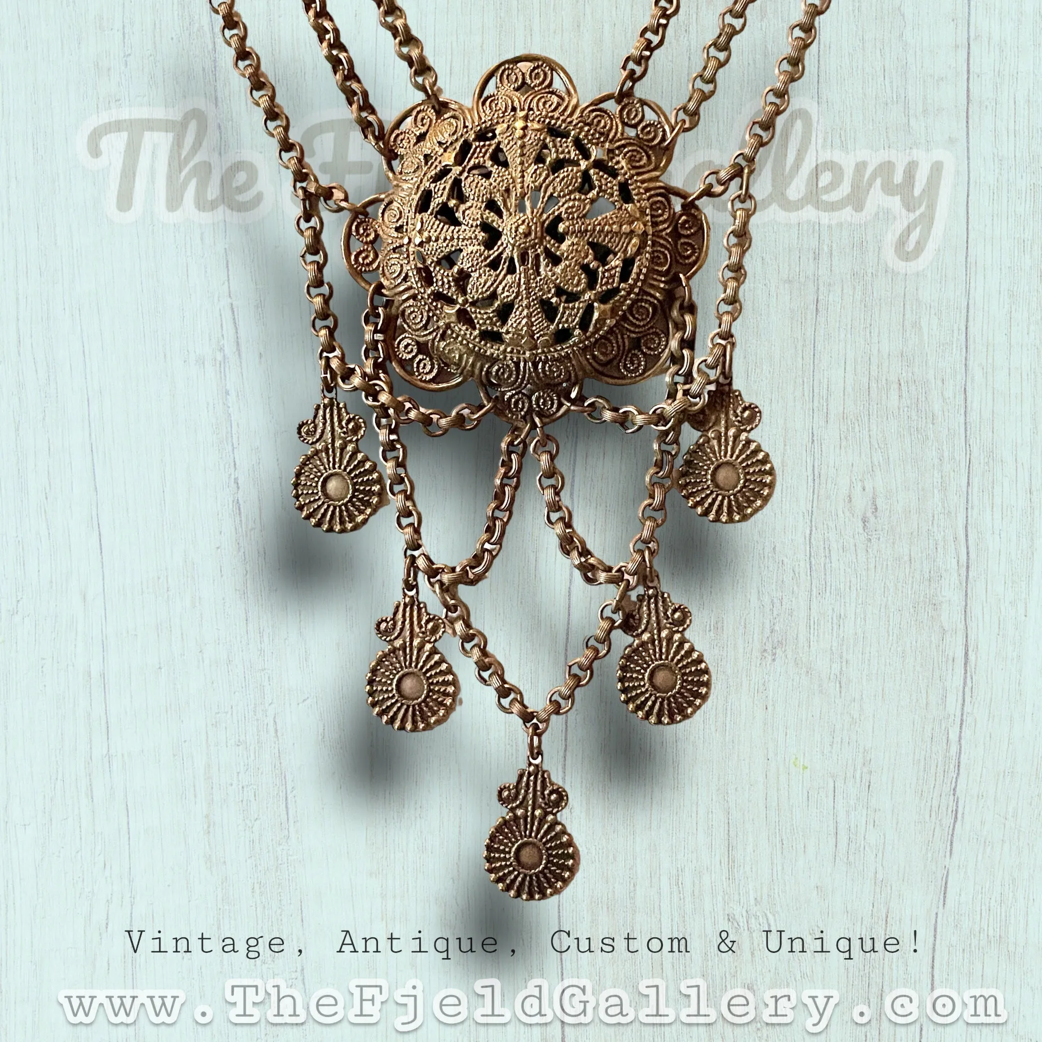 Antique Czech Brass Filigree Princess Festoon Necklace