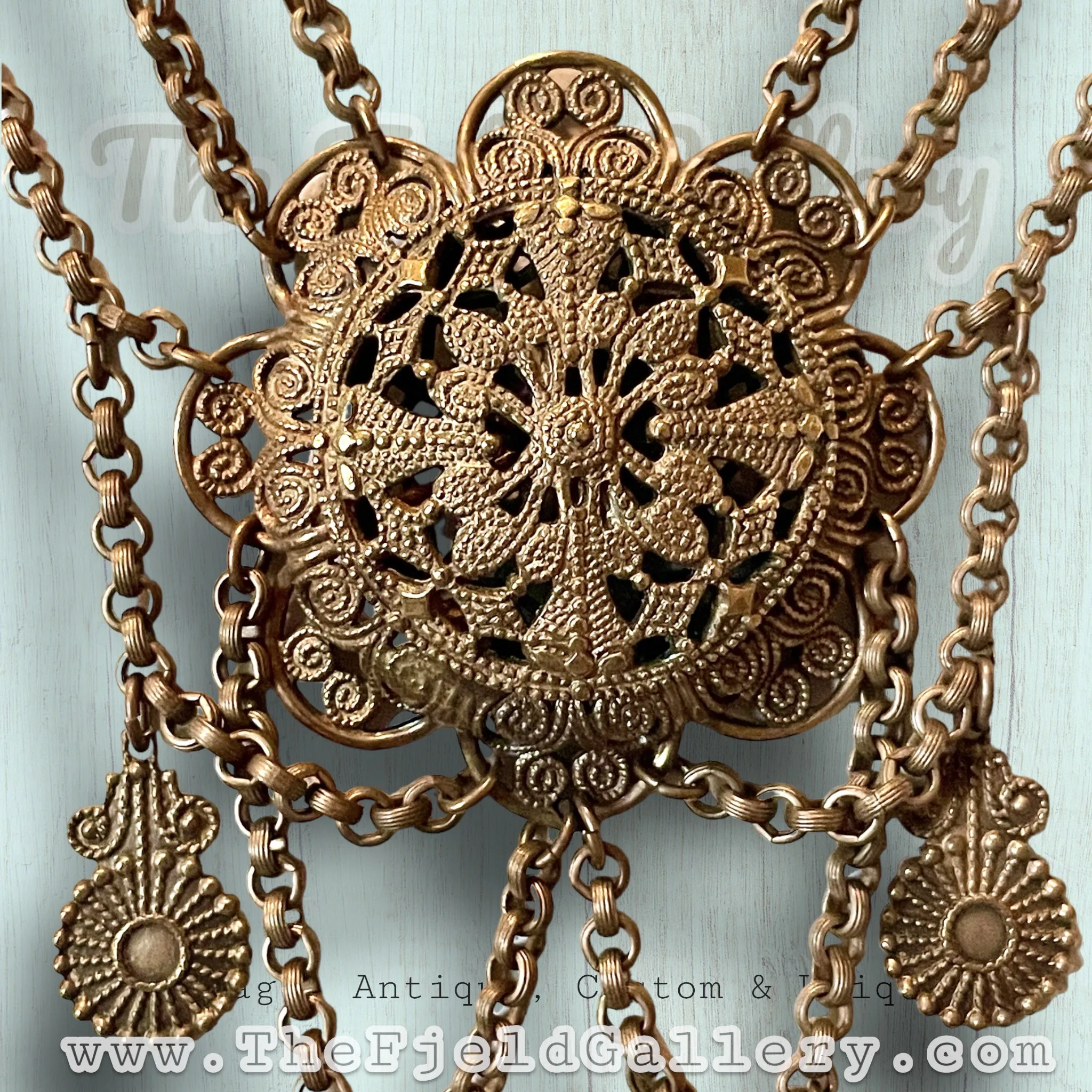 Antique Czech Brass Filigree Princess Festoon Necklace