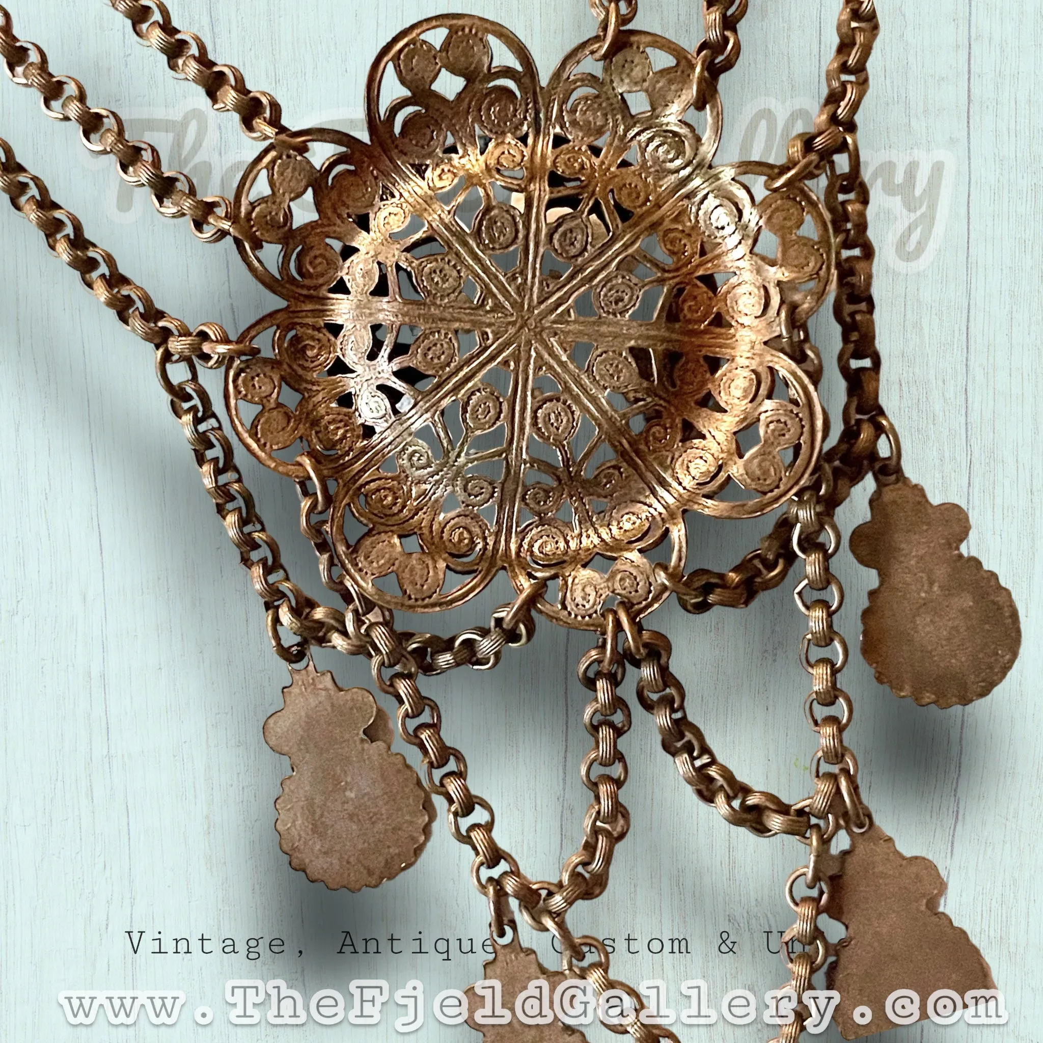 Antique Czech Brass Filigree Princess Festoon Necklace