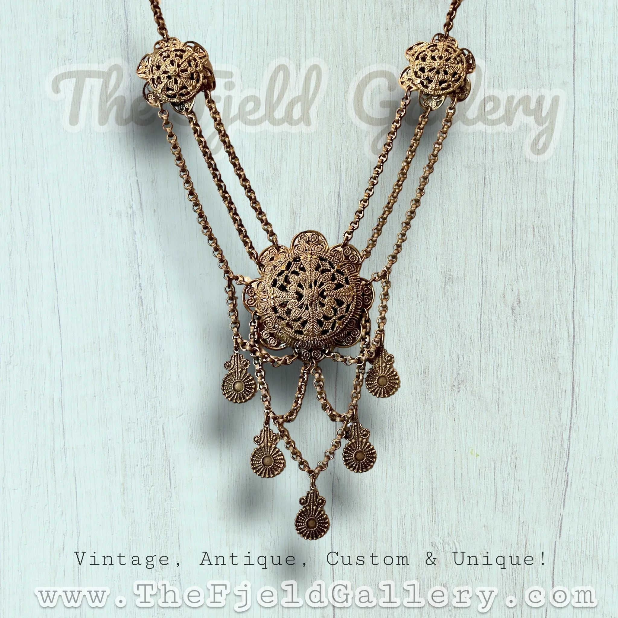 Antique Czech Brass Filigree Princess Festoon Necklace