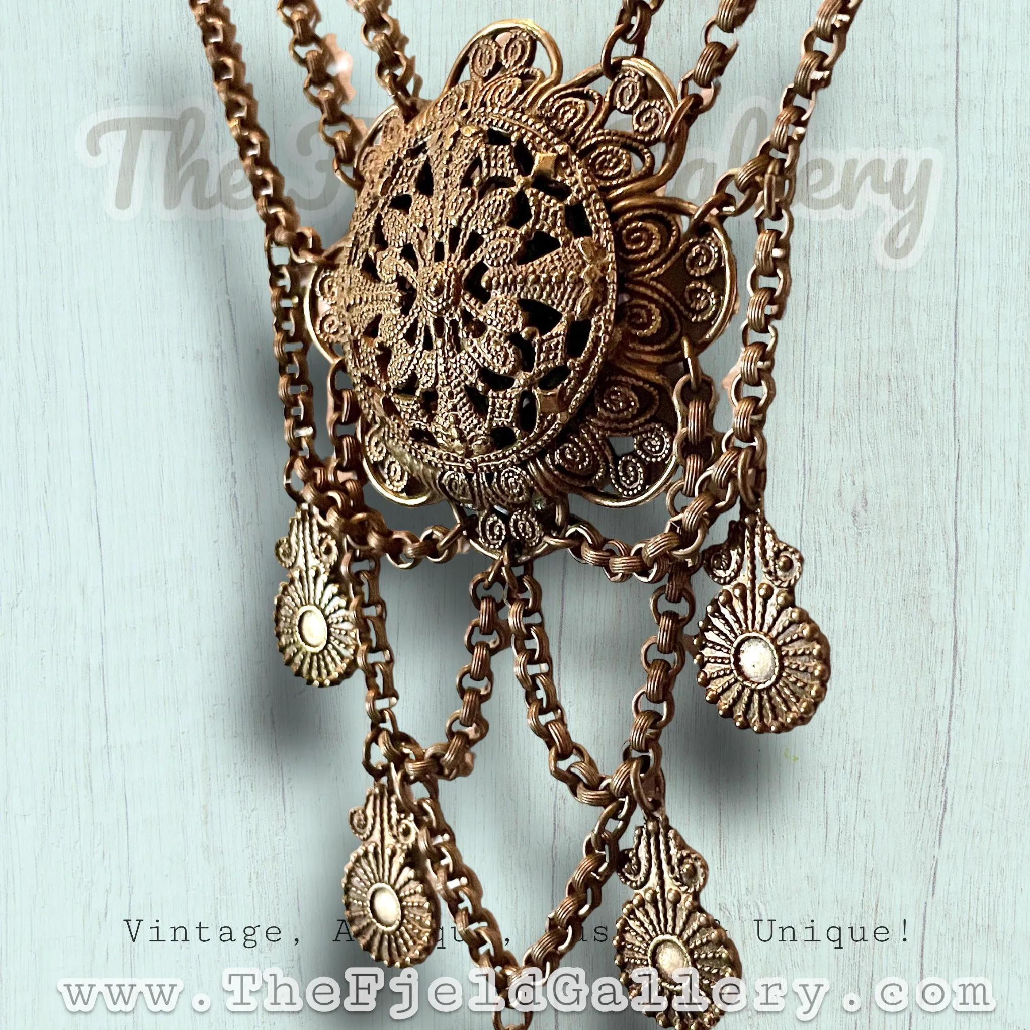 Antique Czech Brass Filigree Princess Festoon Necklace