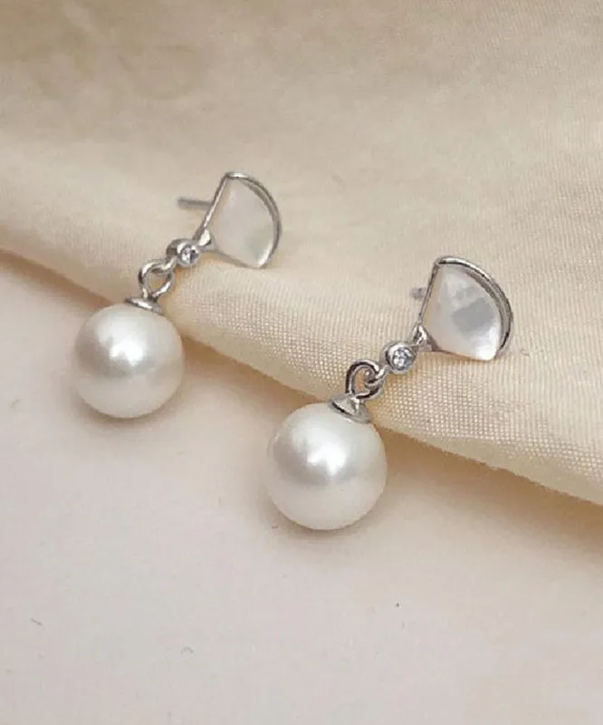 Art Gold Sterling Silver Overgild Fan Shaped Shell Pearl Drop Earrings PO067