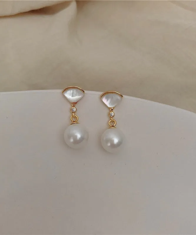 Art Gold Sterling Silver Overgild Fan Shaped Shell Pearl Drop Earrings PO067