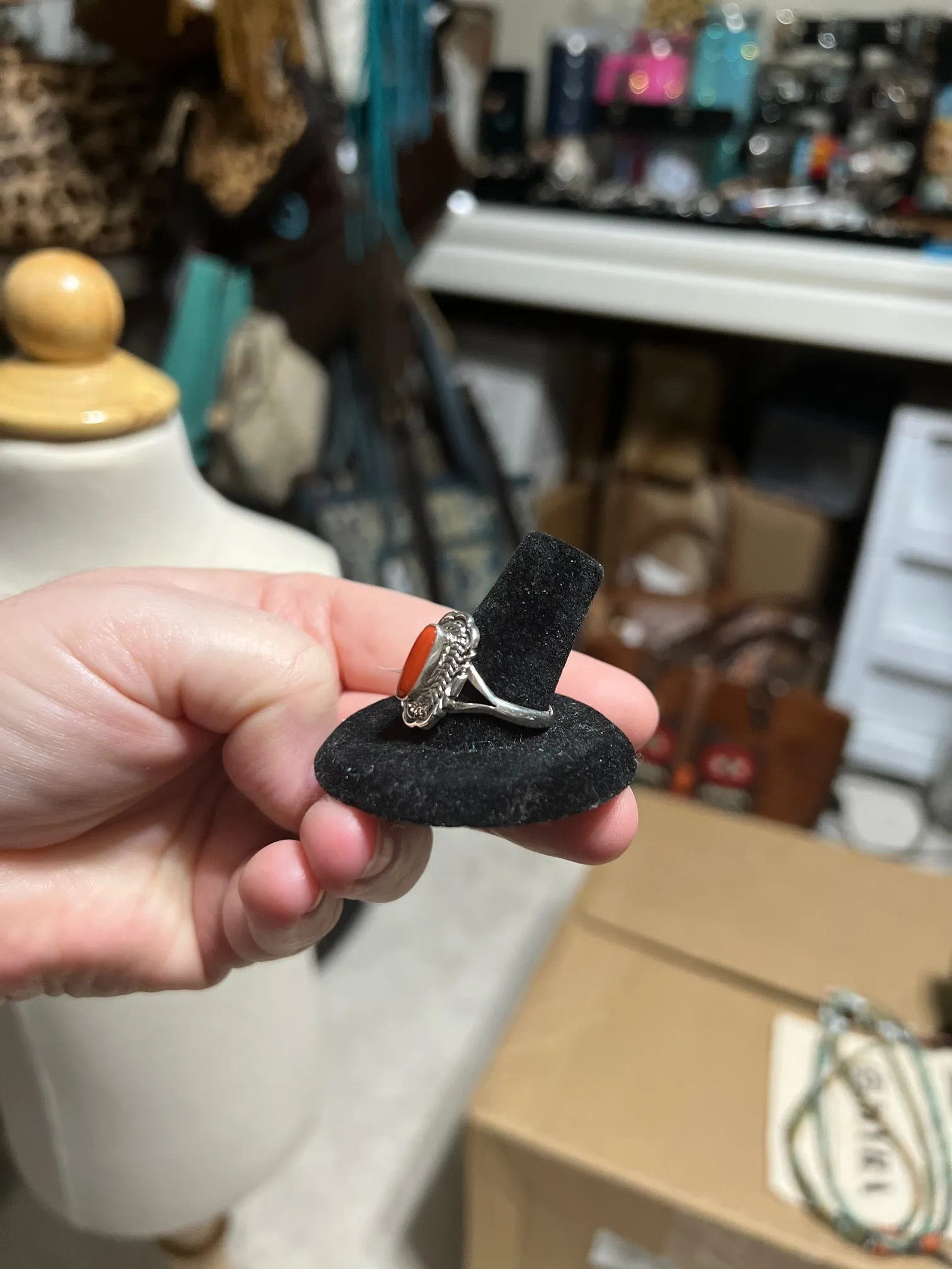 Artist - Virgil Chee / Classic Genuine Sterling Silver Navajo Handmade Coral Ring